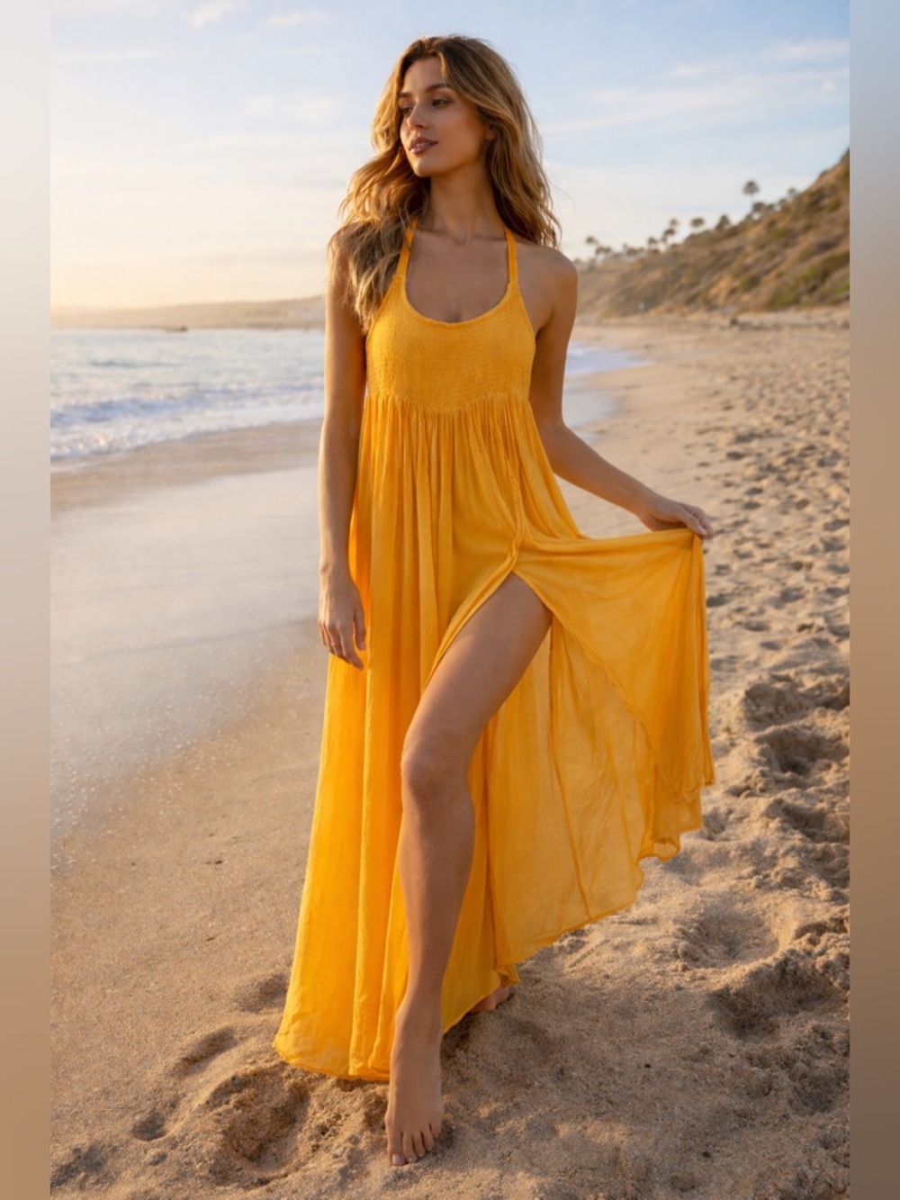 Free People Maxi Dress sz Medium NWT Orange Beach Boho Halter Side Slit Sundress - Picture 3 of 10